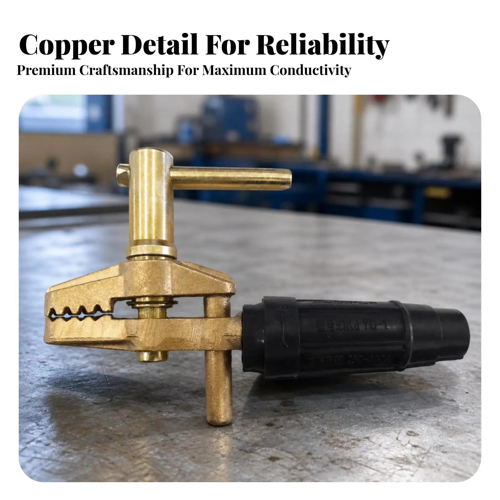 Rugged Copper Welding Clamp Grounding Device with Black Tapered Handle and Top Screw for Slip Free Workpiece Connection
