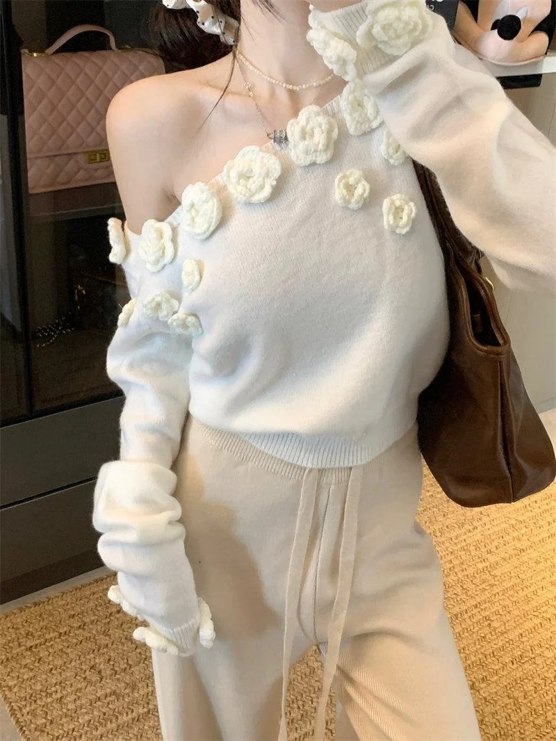 

White 3D Flower Knitted Long Sve Loose Women's Sweater oulder Sle Autumn Winter Casual Soft ort Top for Young Girls