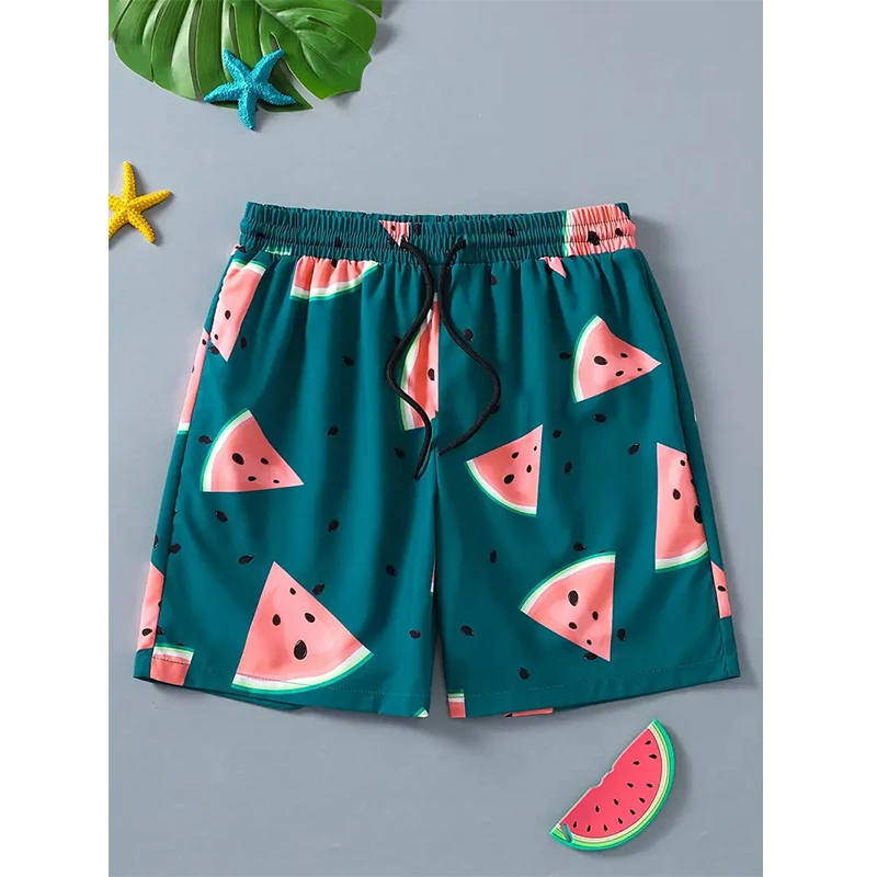 アボカド メンズ リゾート 3D プリント フルーツ ボードショーツ 水泳パンツ 弾性巾着 ハワイアン スタイル ホリデー ビーチ ショーツ 特大