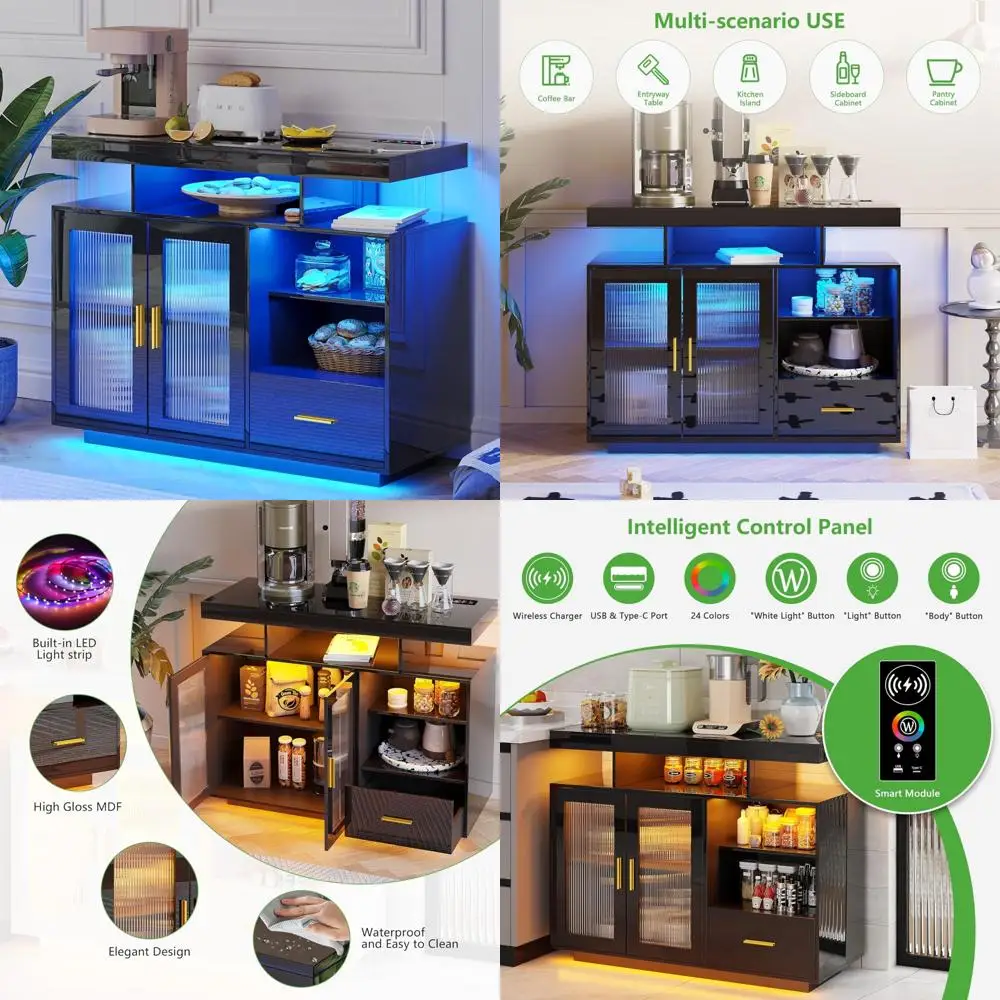 Modern LED-Illuminated Sideboard Buffet Cabinet with Charging Station and High Gloss Coffee Bar Storage
