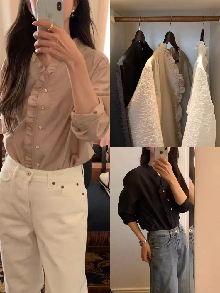 

Simple Ele V-Ne Long Sve Women's irt Wooden Ear Trendy Gentle Sle Dongda Gate OBET Matching Top for Girls