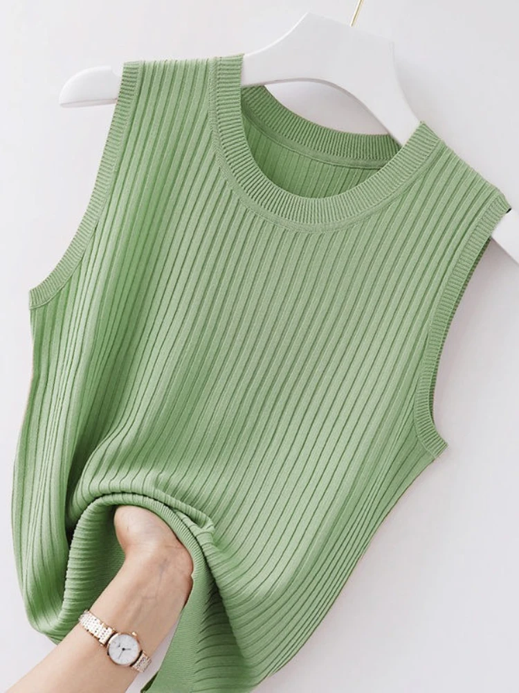 قميص قصير نسائي مريح بلون سادة لعام 2025، قميص صيفي محبوك أبيض قصير بدون أكمام #6