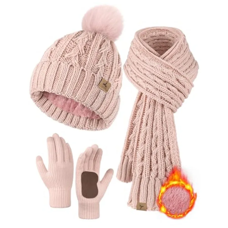 

Winter Hat Scarf Gloves SetFleece Lined Pom Pom Beanie Hat Warm Knit Long Scarf Touchscreen Gloves Winter Gifts for Women
