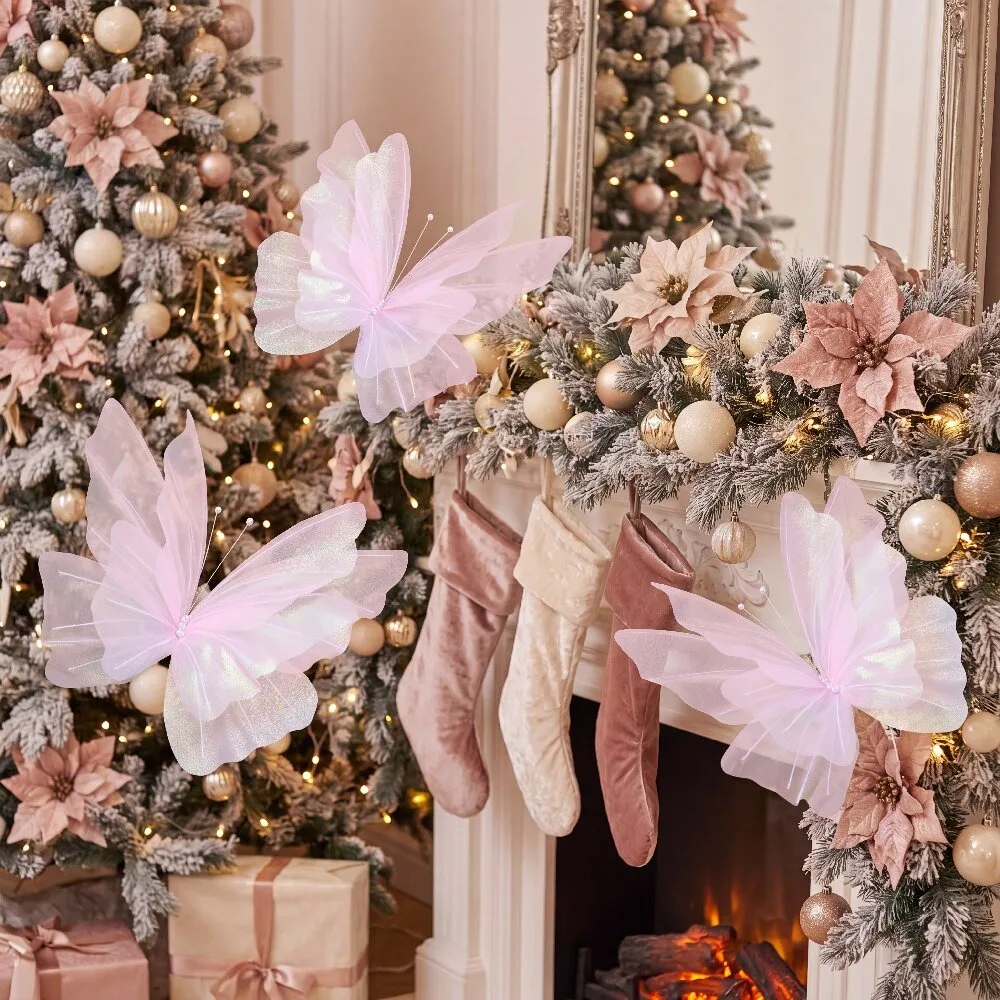 3 pieces of large-sized hanging Christmas pink butterfly decorations, laser-sheen silk imitation butterflies, Christmas tree dec