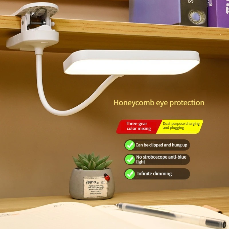 Lámpara de escritorio con clip con cuidado de los ojos, luz LED regulable recargable por USB y enchufable, lámpara de estudio ajustable para dormitorio universitario, dormitorio