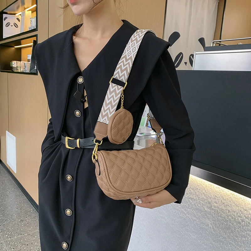 2023 Fashion Trend Women Small Shoulder Bag Black White Color Hobo Bag Grid Pattern Soft PU Leather Female Cross Body Bag