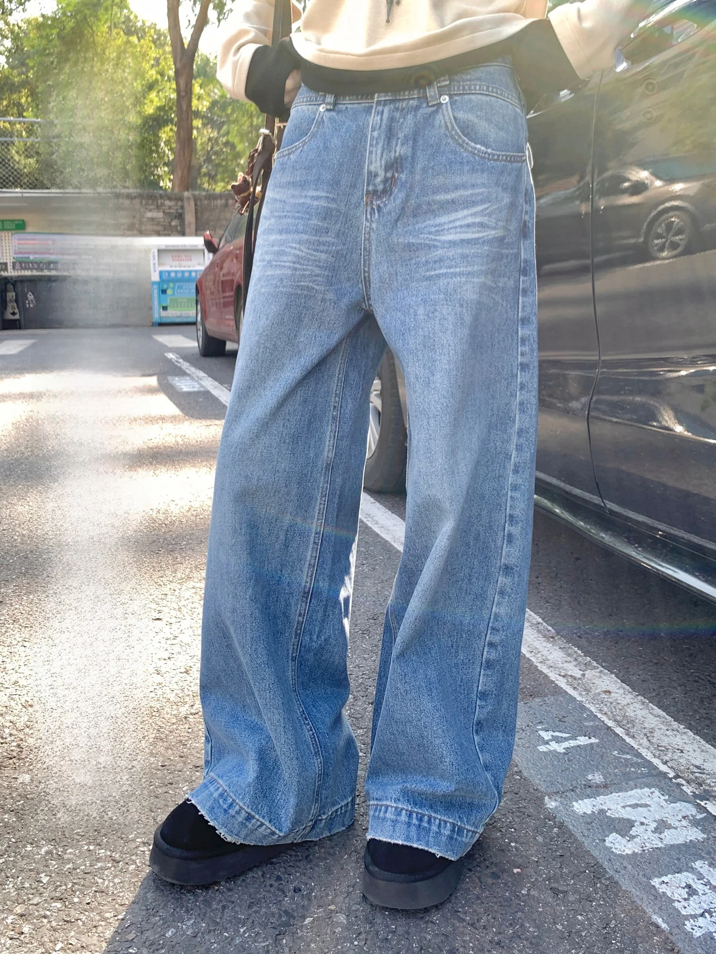 

Retro Cheesetoon Loose Fit Straight Leg Jeans Women's Distred Casual Pants Chic American Sle Slimming Long Trousers