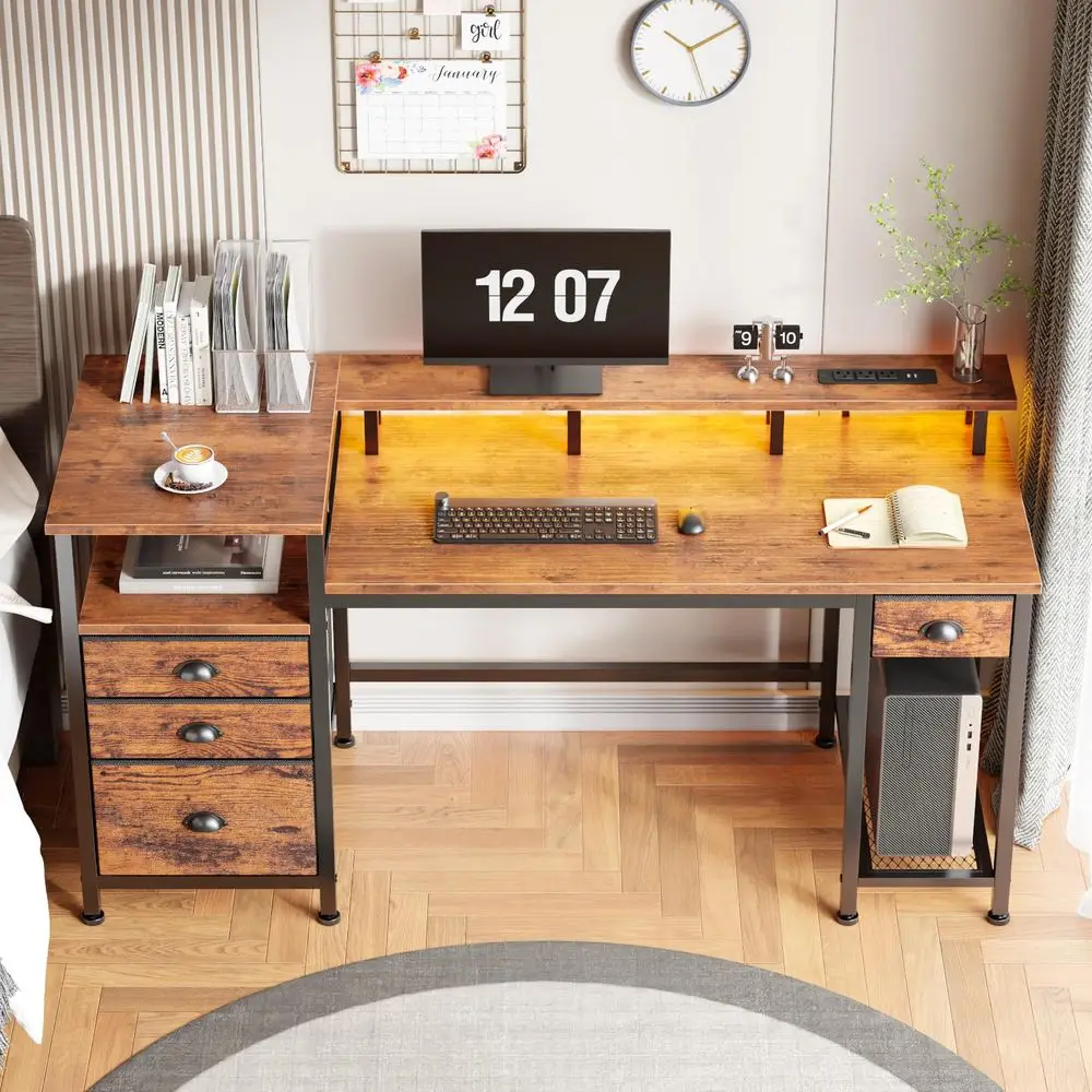 60 Computer Desk with File Cabinet and Storage Shelves, Reversible Home Office Desk with LED Lights, Full Monitor Stand, Power
