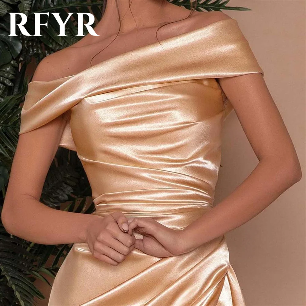 RFYR Champagne Prom Dresses Trumpet Evening Dress Off The Shoulder Satin Party Dress with High Split Pleats Vestidos De Noche