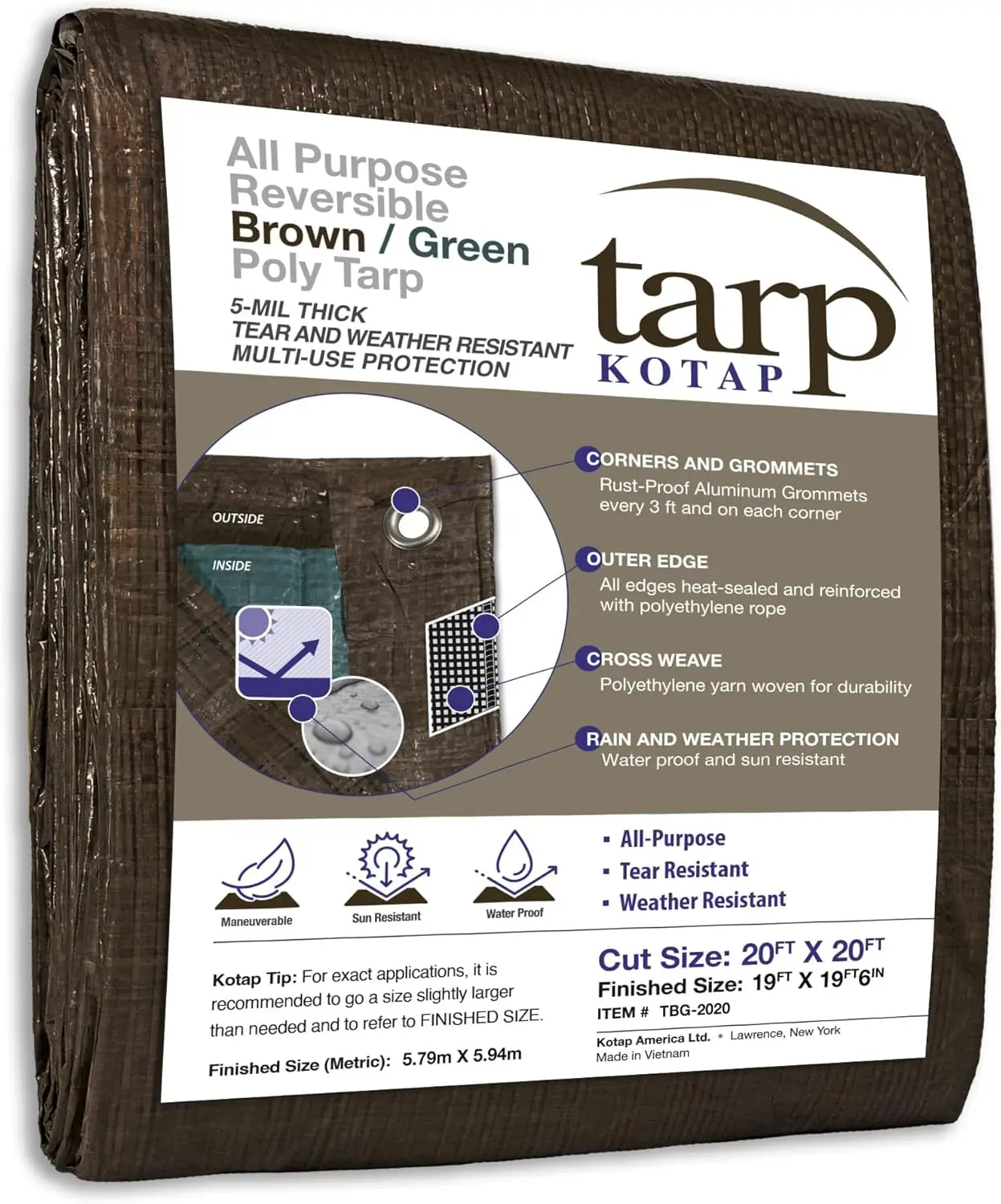 

20 x 20 Ft. All-Purpose Multi-Use Protection/Coverage 5-mil Poly Tarp, Reversible, Waterproof, Brown/Green, (TBG-2020)