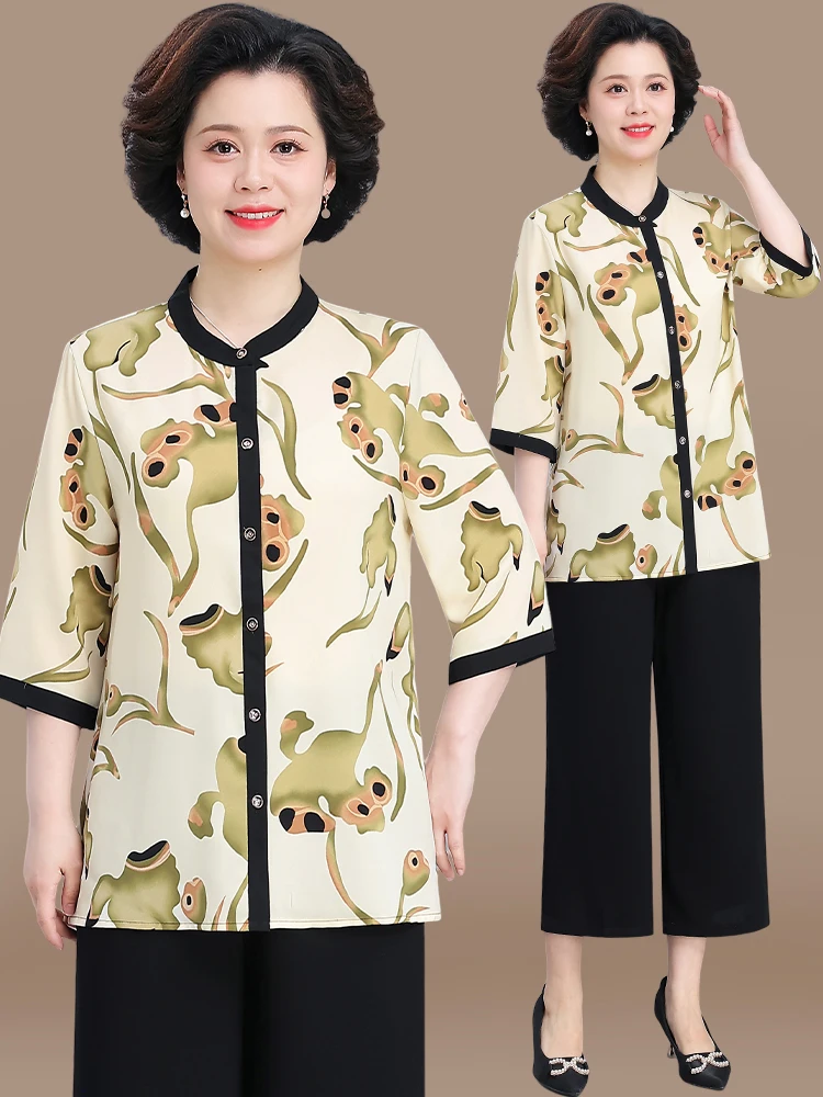 faionable-mom-summer-outfit-chiffon-top-and-bot-set-for-women-in-their-40s-and-50s-loose-fit-button-up-thin-polyester-f