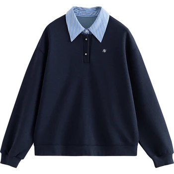 TOYOUTH 여성용 후드티, 스플라이싱 패치록, 페이크 투피스 턴다운 칼라 풀오버, 맨투맨 탑, 2024 가을 신상 