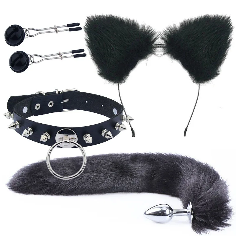 Anal Plug Cute Fox Tail Bow-Knot Soft Headbands Collar Erotic Cosplay Cat Ears  Couples Accessories SM Sex Toys for Female Male