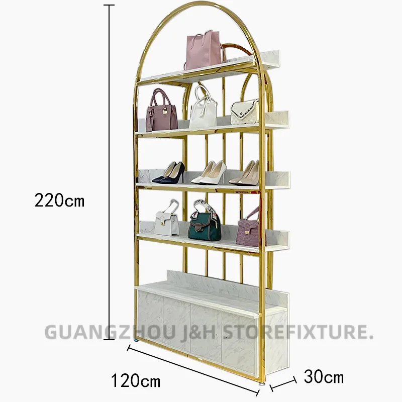 Custom.Women Shop Custom Design Semicircle Golden Shoe Rack and Handbag Display Shelf Stand with LED Light