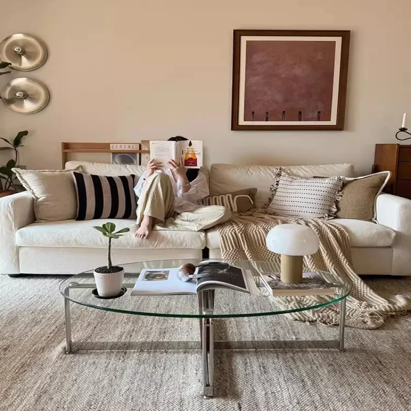 

High-end tempered glass coffee table living room household small creative stainless steel oval table low table