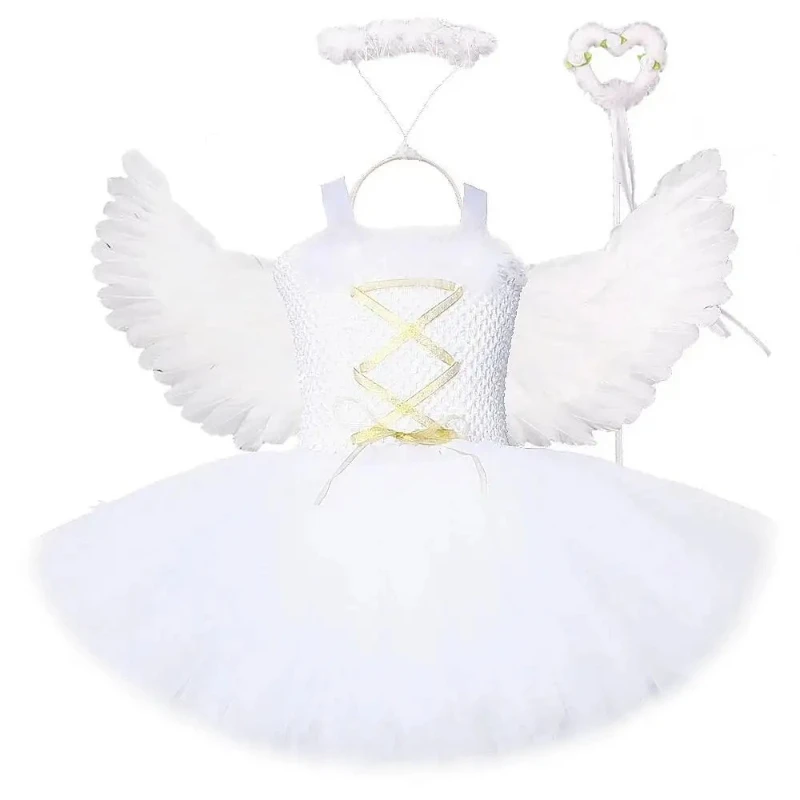 White Angel Christmas Dress Girls Cosplay Costume Girl Kids Tutus Outfit for Birthday Party Princess Fairy Dresses with Wings