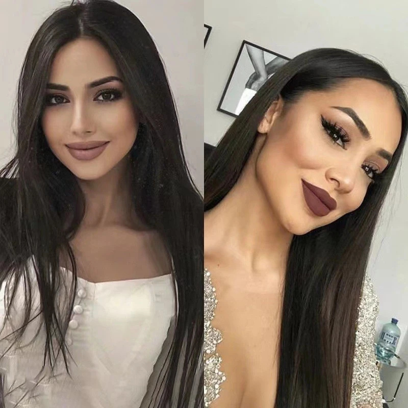 , front lace , synthetic fiber wig, middle-parted black long straight hair