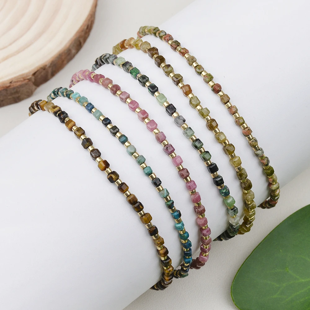 Natural Stone Cube and Miyuki Seed Beads Bracelet with Brass Clasp for Daily Wear Birthday Stone Gift Women Jewelry