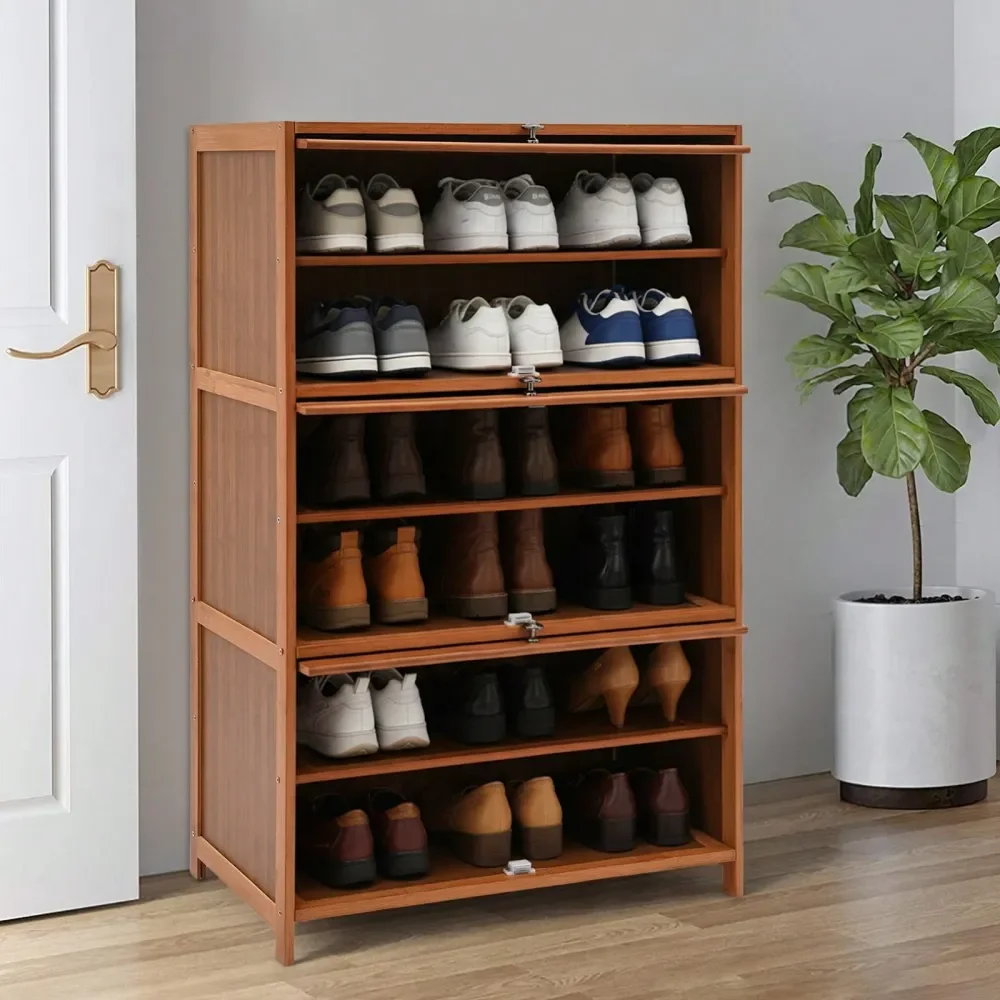 

Shoe Cabinet, Bamboo Free Standing Shoes Heels Sneakers Shelf Rack Organizer Storage With Flip Doors, For Pairs Home Entryway H