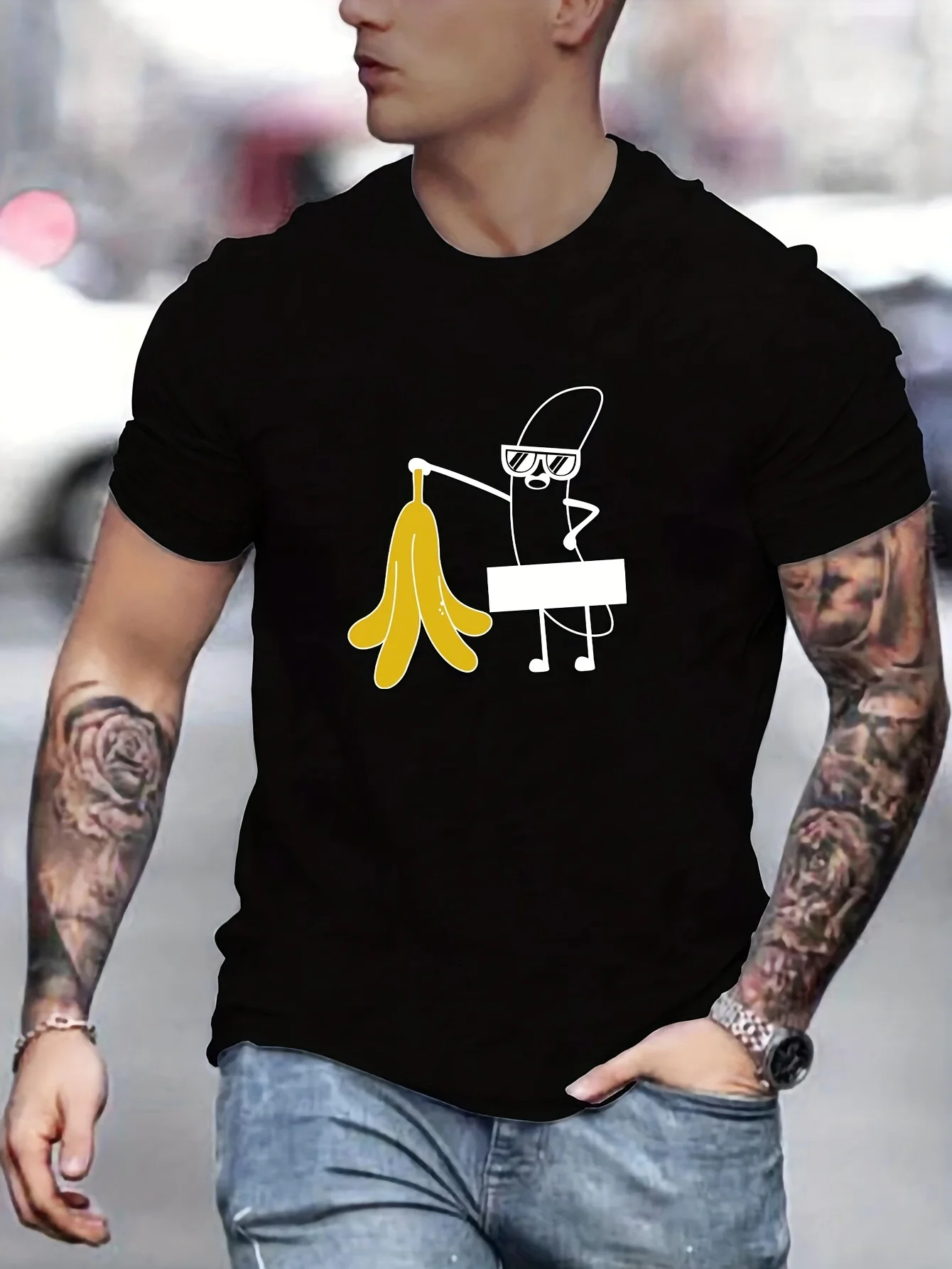 

Men's Bright Yellow Peeled Banana Graphic T-Shirt - Casual Summer Tee with Stretchy Polyester & Spandex Blend