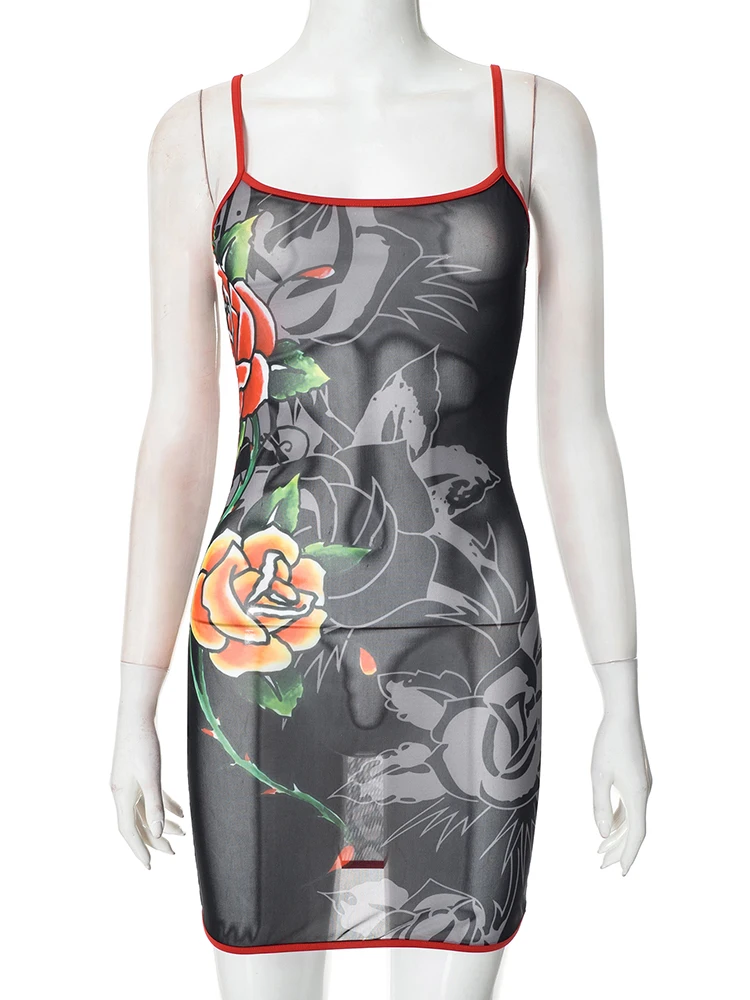 Raar Poes Bloemen Print Sexy Jurk Vrouwen See Through Sexy Lage Hals Zomer Midnight Club Party Trend Coquette Slanke mini Bodycon