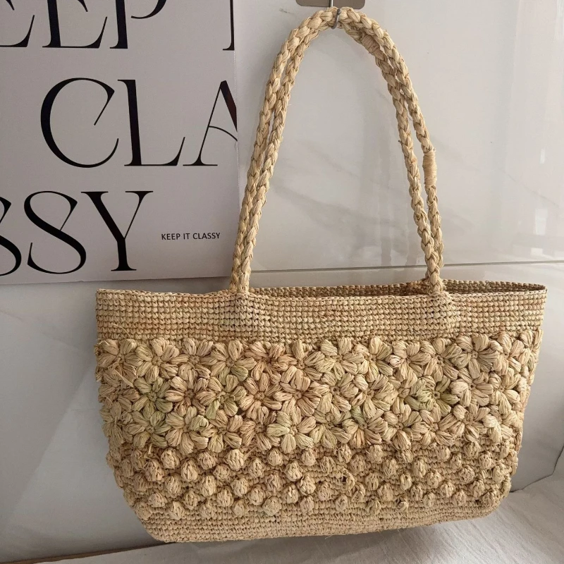 Hawaiian Style Woven Shoulder Bag French Retro Versatile Elegant Handbag Large Capacity, Lightweight Commuter Bag Casual Shopper