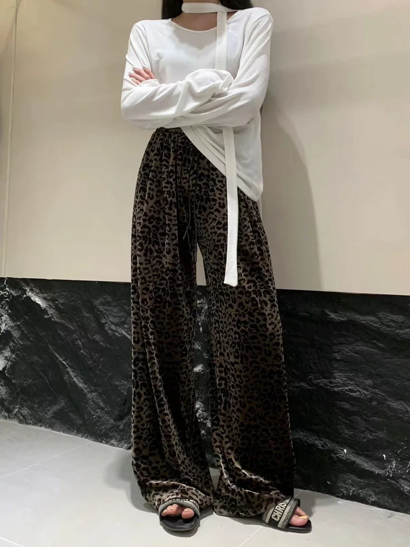 Women's Leopard Print Elastic High Waist Long Pants Cheetah Printed Wide Leg Loose Trousers with Pockets
