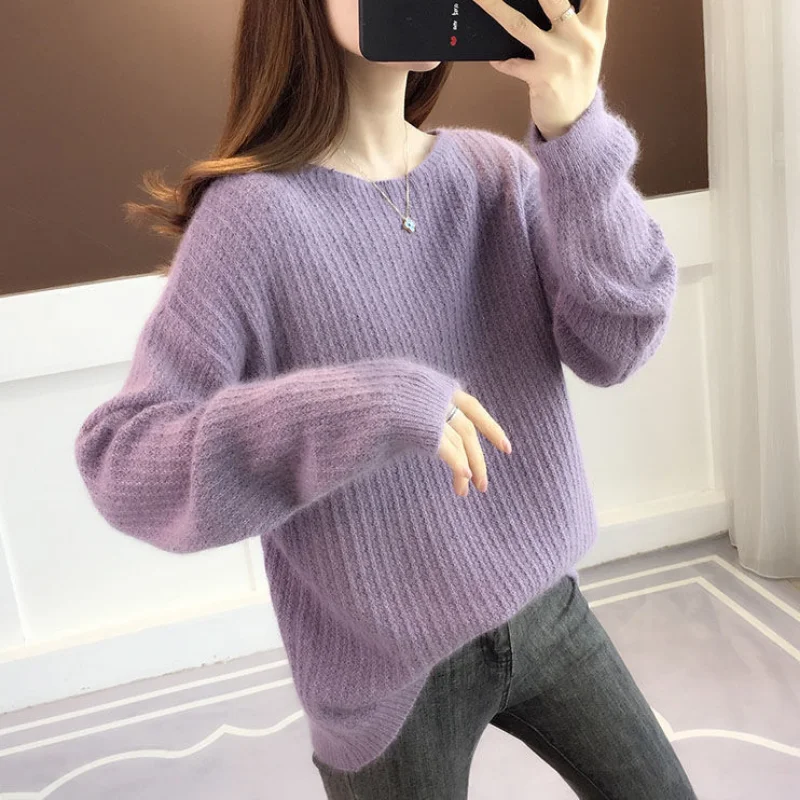 Comfortable Sweater Knitted Women's Clothing Autumn Winter Screw Thread Solid Color Round Neck Pullover Long Sleeve Tops