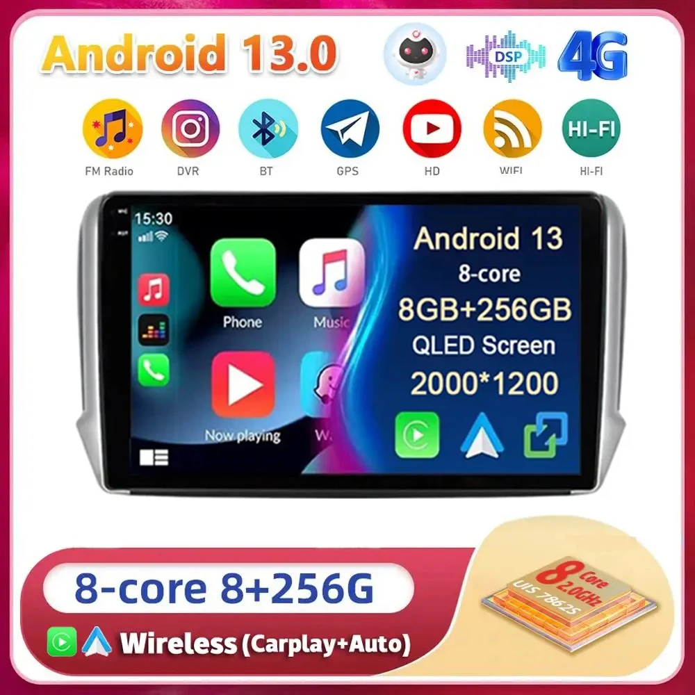 Android13 Carplay Auto For Peugeot 2008 208 Series 2012 2013 2014 2015 2016 2017 2018 Multimedia Car Radio Player WIFI+4G Stereo