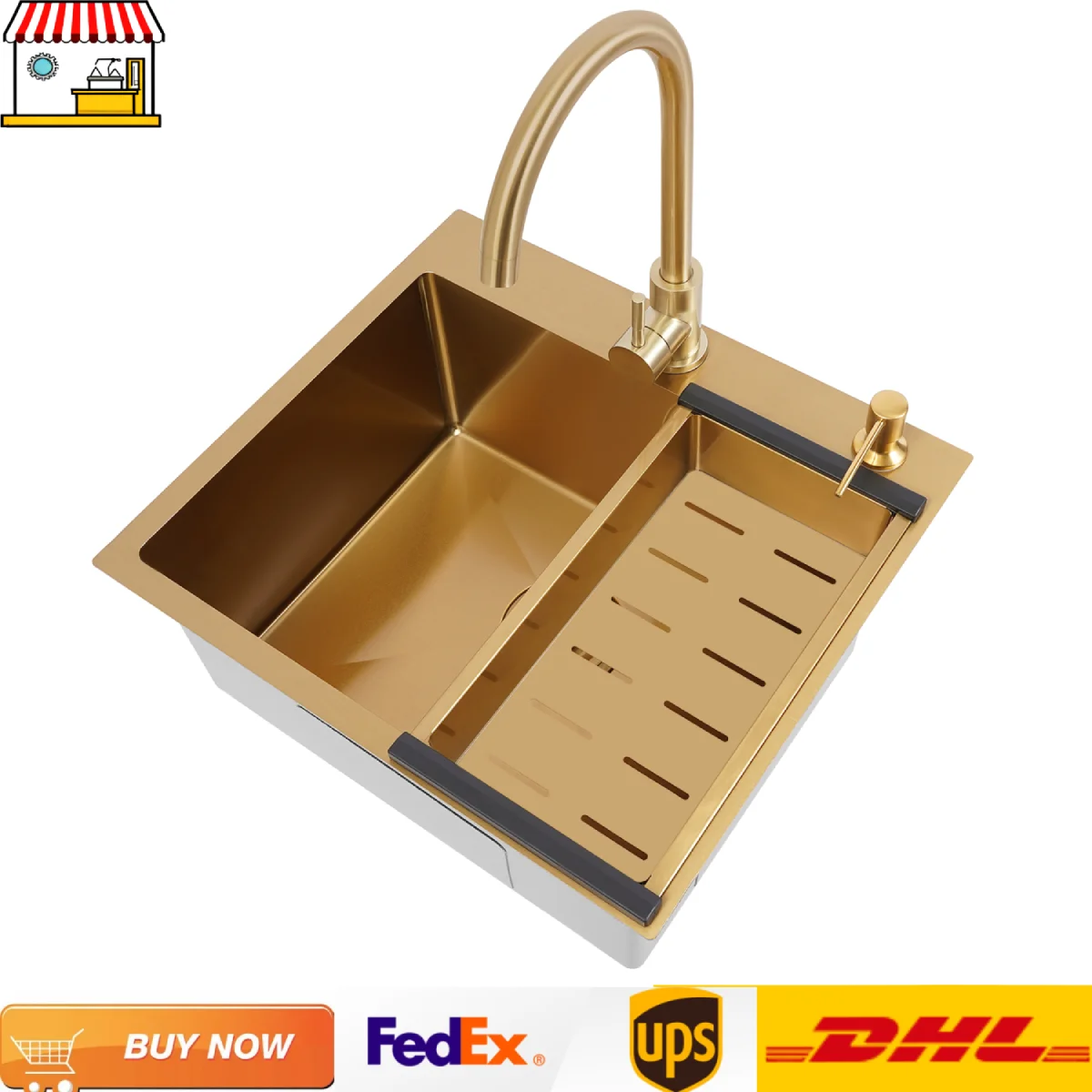 

Gold Stainless Steel Kitchen Sink Set 500*450mm Single Bowl Sink with Inlet Pipes, Faucet and Drain Basket