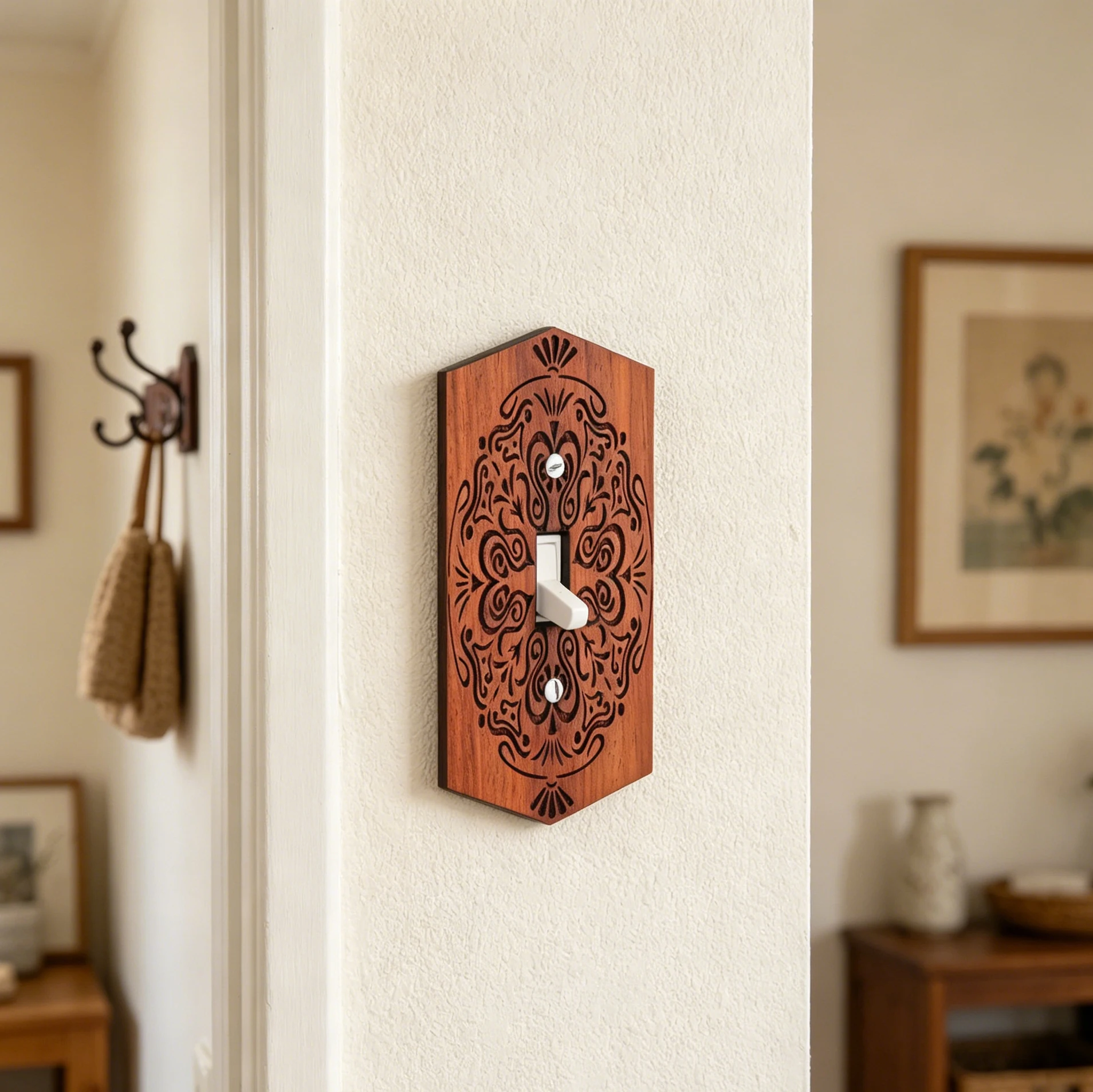 Cross-Border Hexagon Vintage Scroll Floral Wooden US Switch Outlet Plate For Bohemian Countryside Retro Home Wall Switch Decorat
