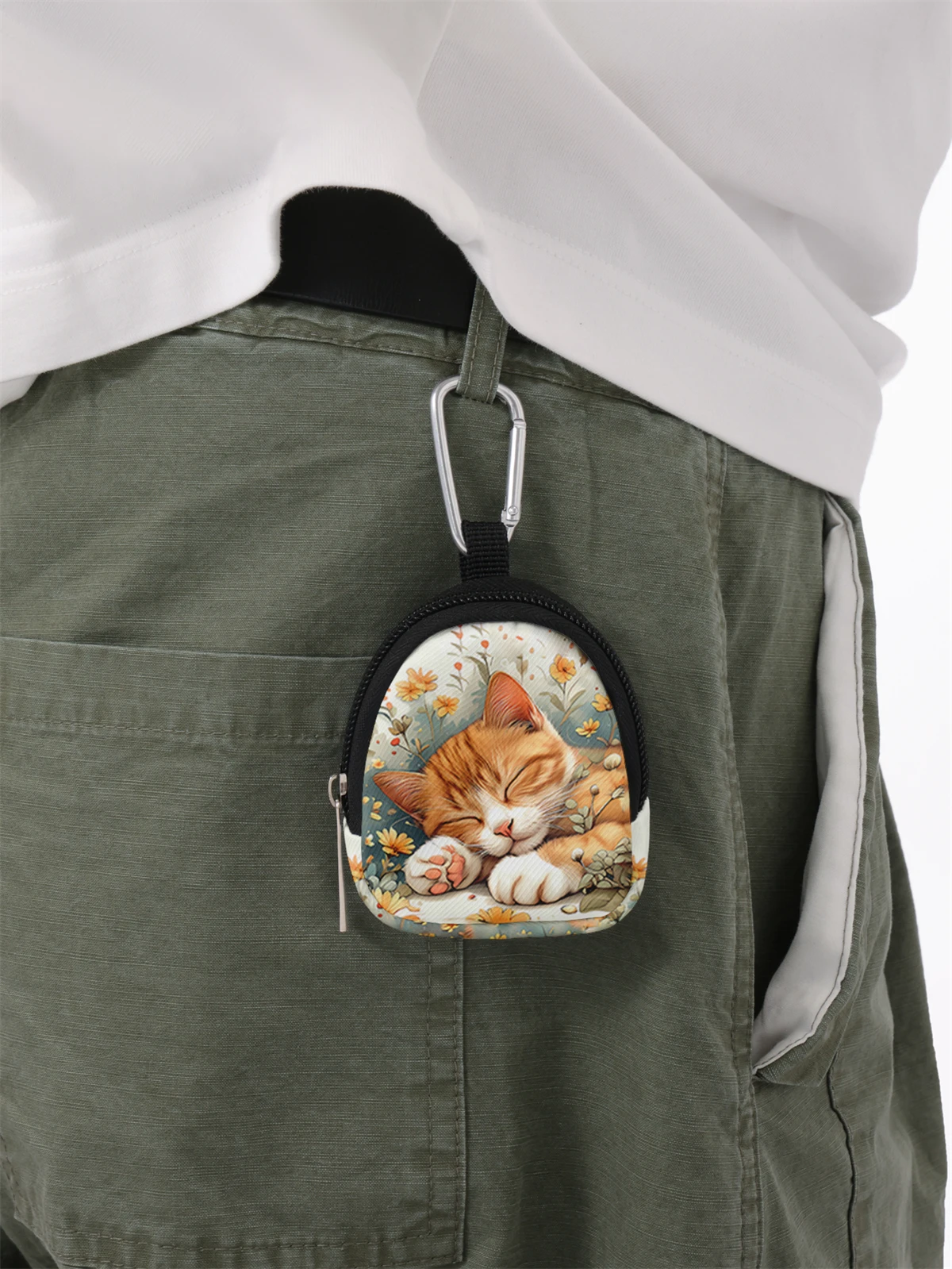 Bedruckte Mini-Geldbörse mit Katzenmuster, leichte Wickeltasche mit Reißverschluss und Hakenclip, Kopfhörer-Schlüsseltasche, geeignet für Männer und Frauen – Detail 3