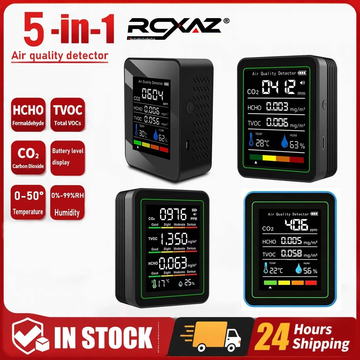 RCXAZ Air Quality Monitor Real Time TVOC HCHO CO CO2 Tester Digital Gas Detector Temperature Humidity Meter for Home Office