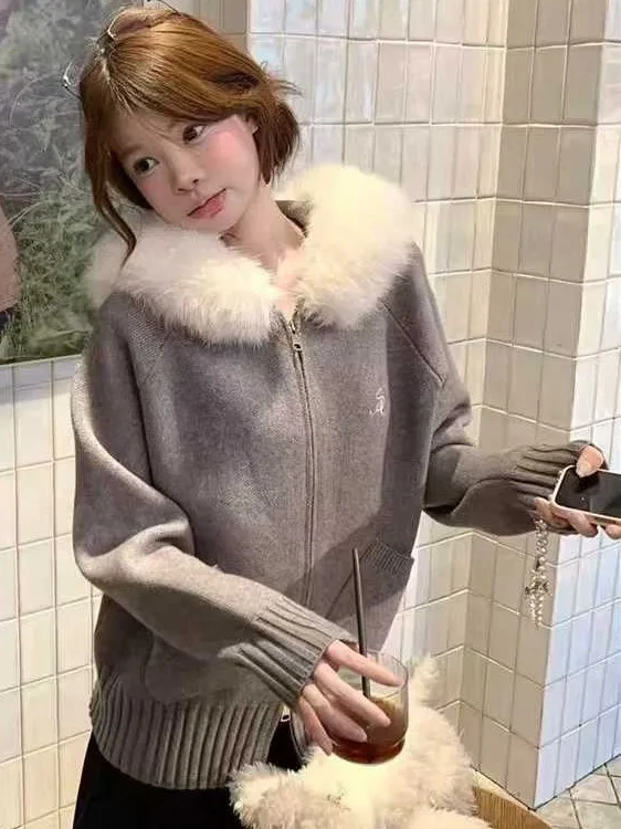 Soft Cozy Lazy Sle Women's Knitted Jaet Coat with Fur Collar Casual All-Match Open Cardigan Sweater for Autumn Winter