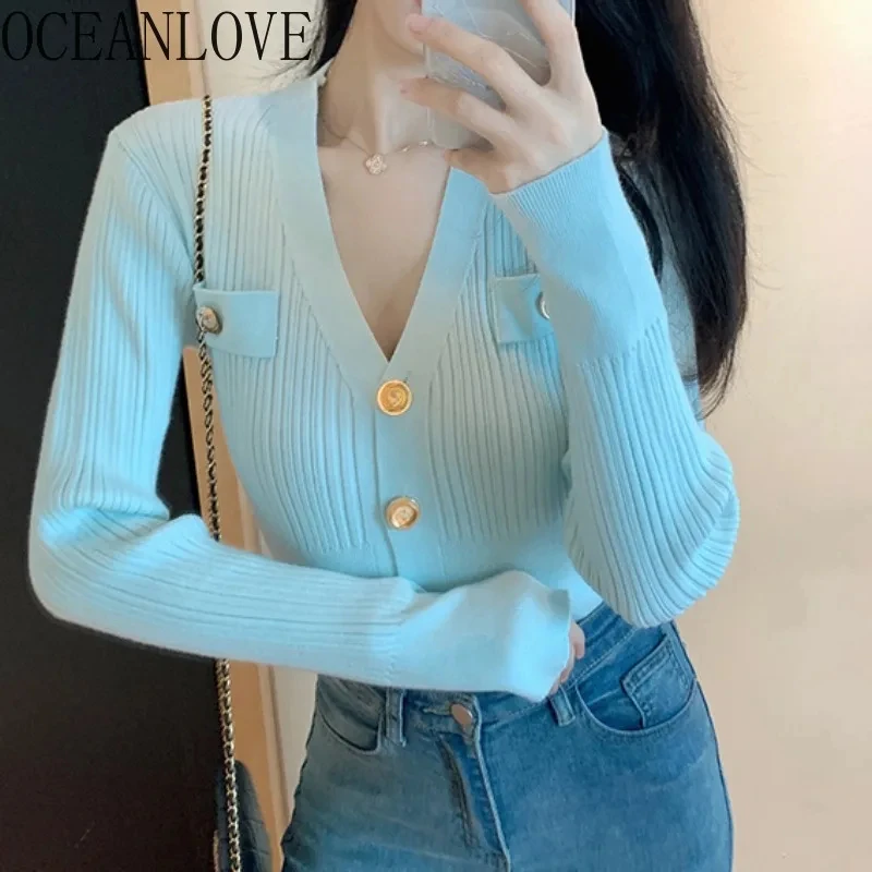 OCEANLOVE Autumn Winter Clothes Women Sweaters Solid V Neck Korean Fashion Short Cardigans Elegant Sweet Sueter De Mujer