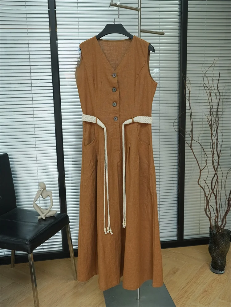 

Luxury Linen Svel V-ne Dstring Waist Vest Dr Women Summer High Waist A-line Long Dr Single Button Closure