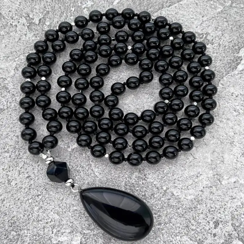 

Natural Black Onyx 108 Mala Beads Necklace with Teardrop Pendant Protection Healing Crystal Jewelry