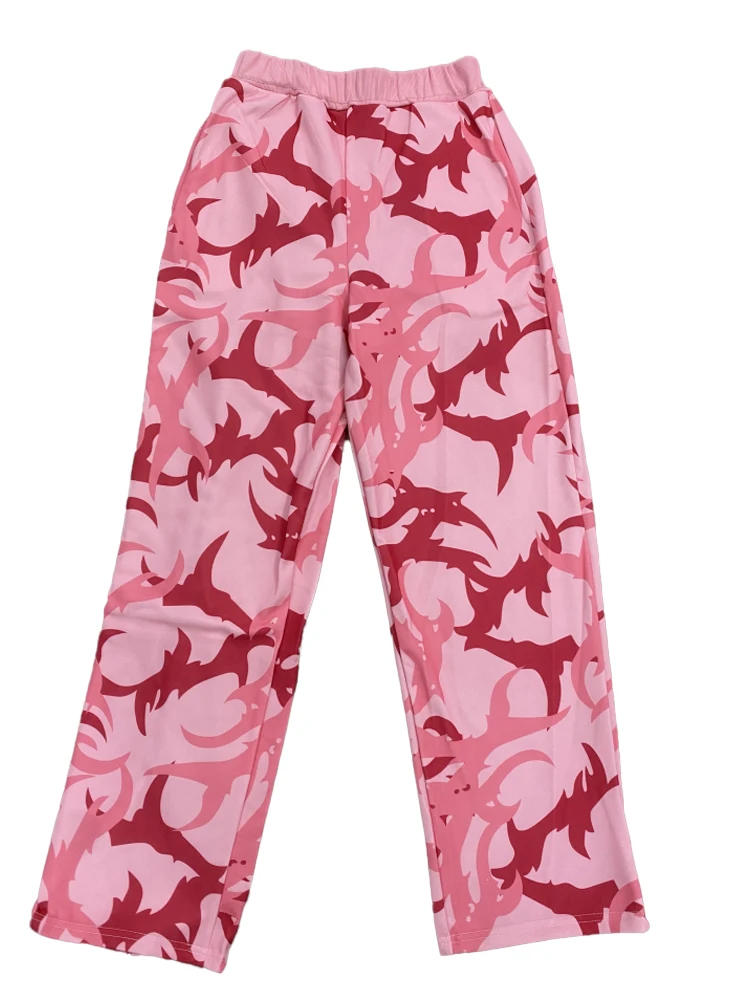 Summer Sweet Cool Style Pink Hip Hop Thorn Printed Casual Pants Women's Y2K Spicy Girl Style Loose and Skinny Pants