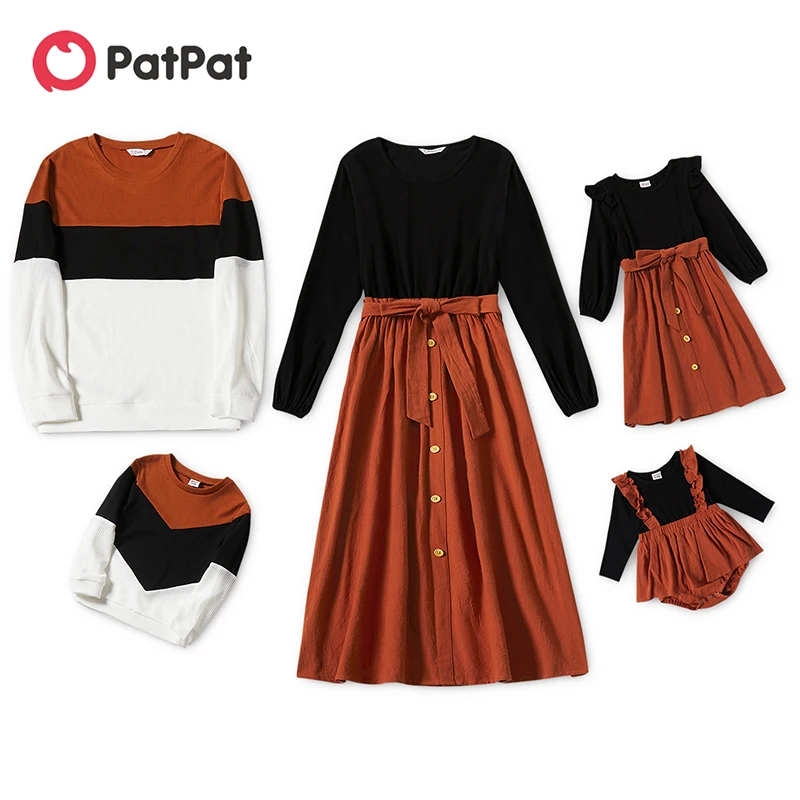 PatPat Family Matching Outfits Black Cotton Long-sleeve Splicing Midi Women's and Girl Dresses Color Block Sweatshirts Sets