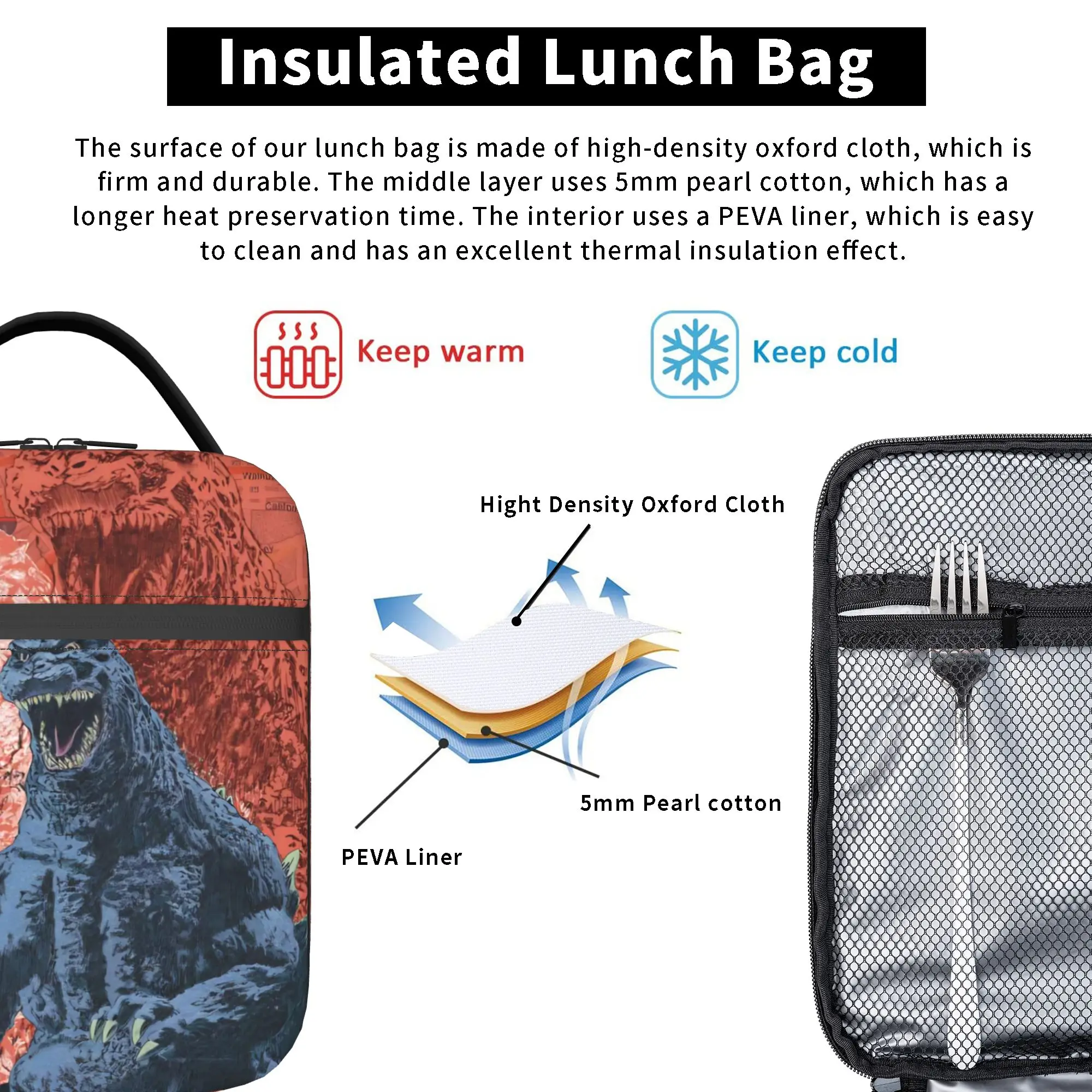 Showa Godzillaed Movie Insulated Lunch Bags Large Monster Lunch Container Thermal Bag Lunch Box Tote Beach  Outdoor Food Bag view 4
