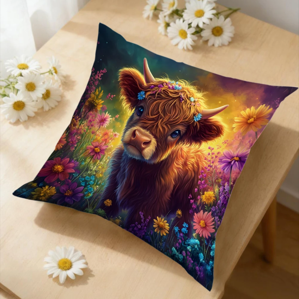 1Pc Highland Cow Floral Cushion Cover Multicolor Soft Pillowcase For Sofa Bedroom Home Decor x-2