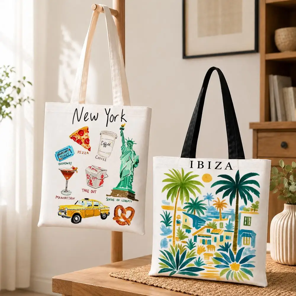 Vintage Ibiza Spain Retro Travel Storage Bags Canvas Tote Bag Printed Reusable Shopping Bag Gift