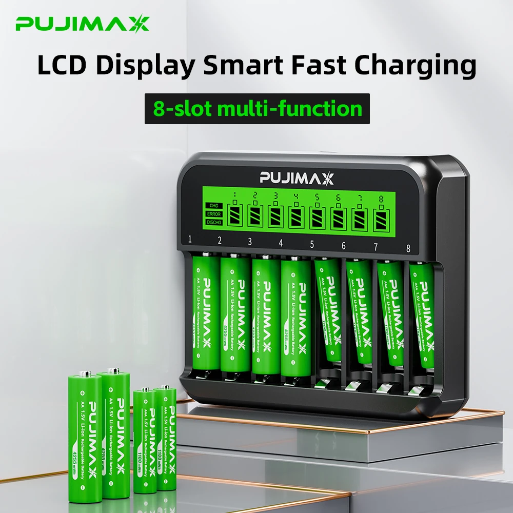 

﻿PUJIMAX 1.5V 4255mWh 1100mWh High Capacity Lithium Battery Cells Lithium And Charger Set 8-Slot LED Smart Dimmable Charger