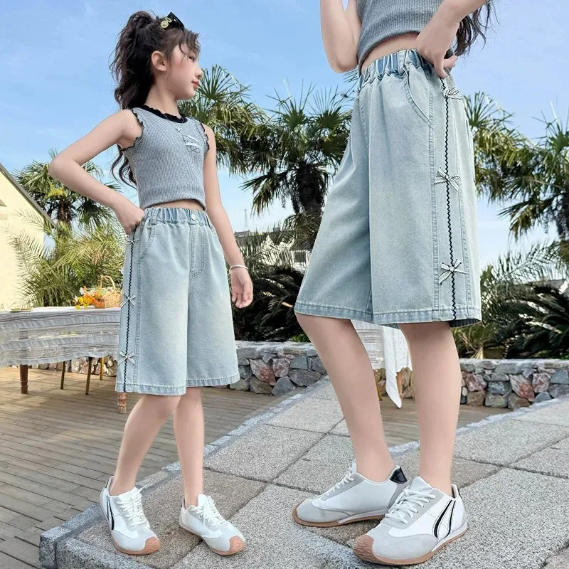 Elegant Kids Summer Denim Shorts with Bows for Teens Girl Casual Straight Jeans Capris Tweens Child Mid-Calf Denim Pants 5-14 T