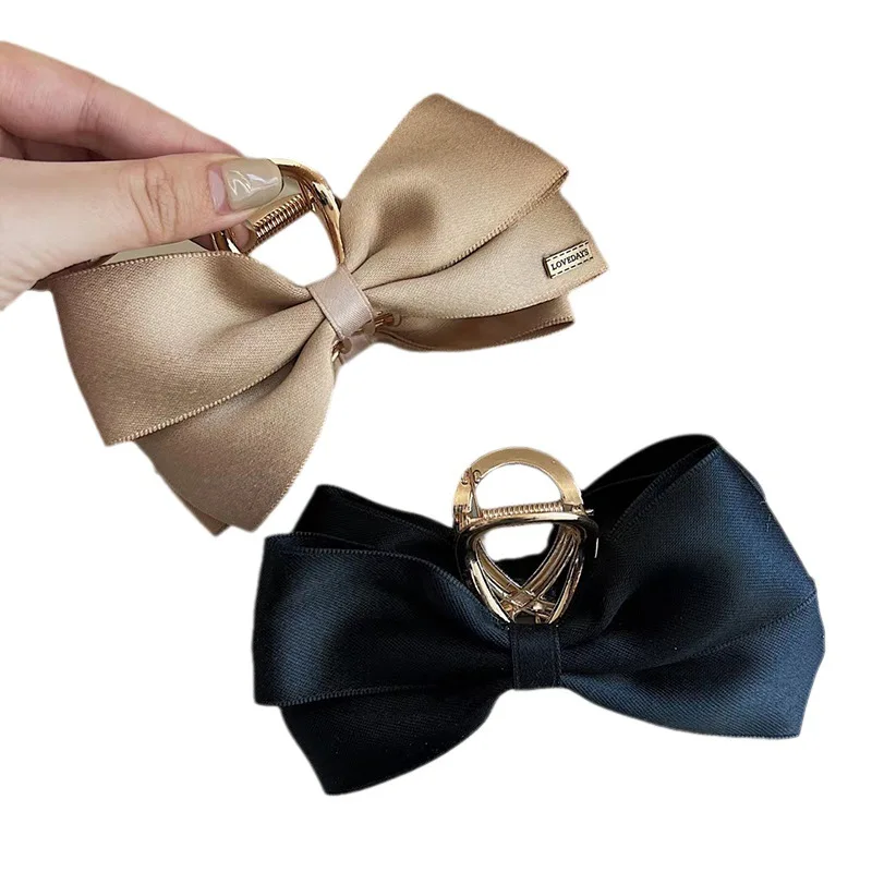 Black Satin Bow Clip WOMEN\'S Summer Headwear Simple Temperament Hair Clip Back of the Head Shark Clip