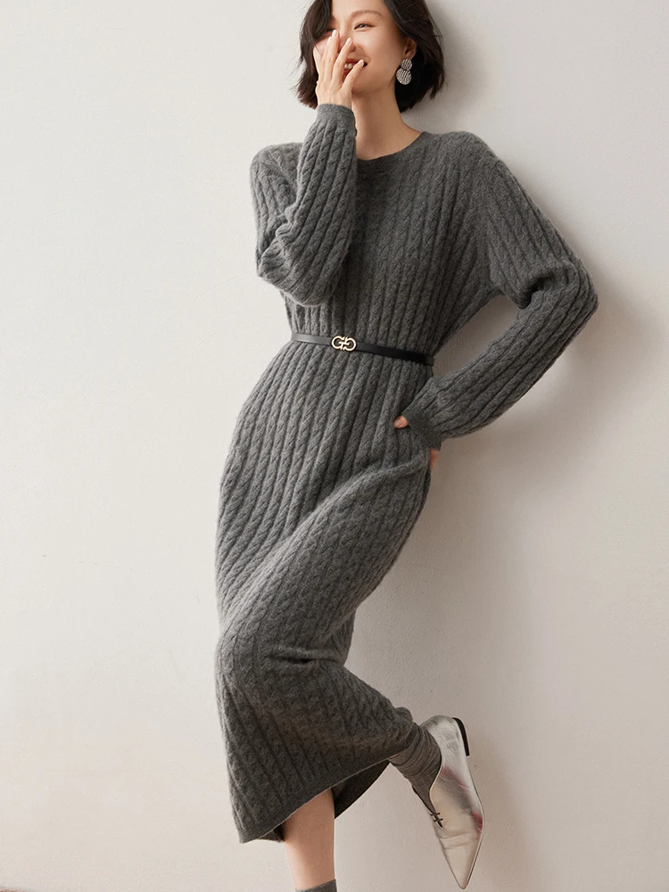 

CHICUU Women Long Dress Autumn Winter 100% Cashmere Knitted Dresses Cable Knitting Casual Loose Straight Style Sweater Dress