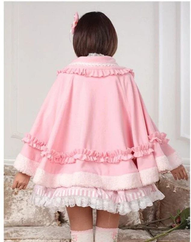 Autumn Winter Warm Thickened Lolita Capes Ponchos Japanese Style Girl Sweet Cute Bow Loose Cape Coat Women Princess OverCoat