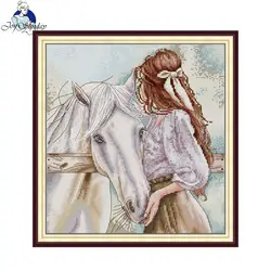 Joy Sunday Girl With Horse Painting Print Cross Stitch Kits Aida Fabric 16CT 14CT DIY Folk Craft Needle Kits Hand Embroidery Set