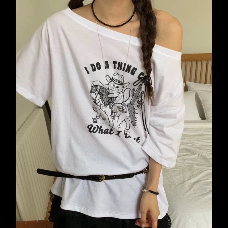 oulder Bared Loose Fit ort Sve T irt Damen Casual Sle Baumwolle Sommer Top Cartoon Print rund Ne Line Design