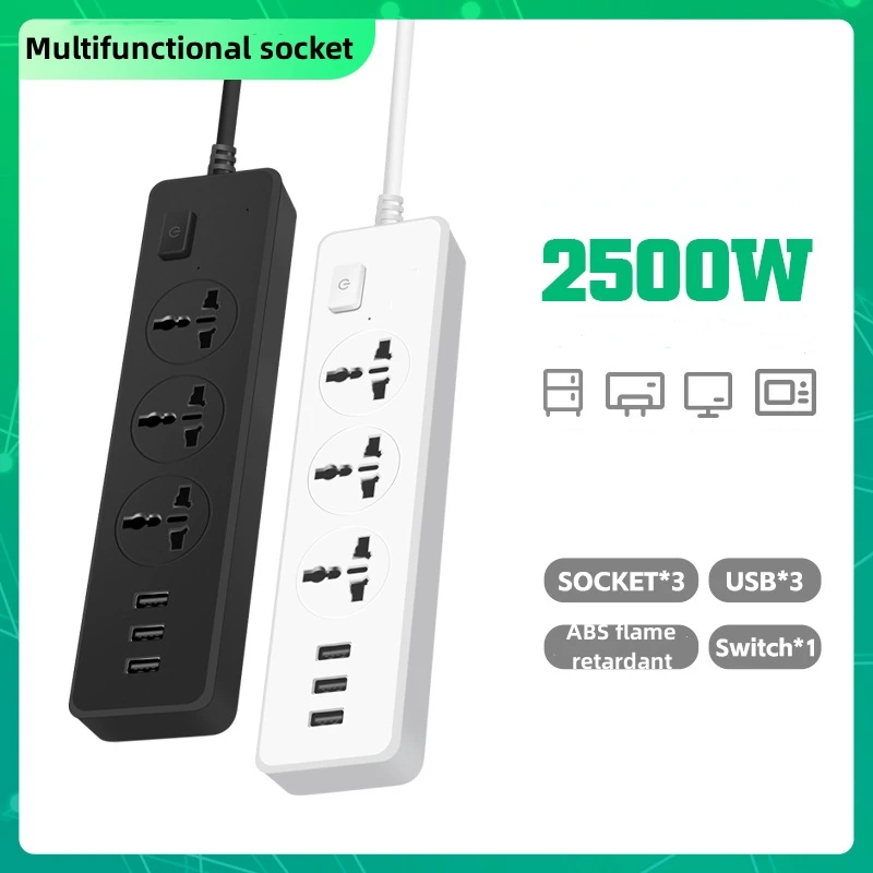 

Socket Plug Household Extension Cable Power Board 3 positions and 9 holes USB Fast Charging 2500W 10A 250V